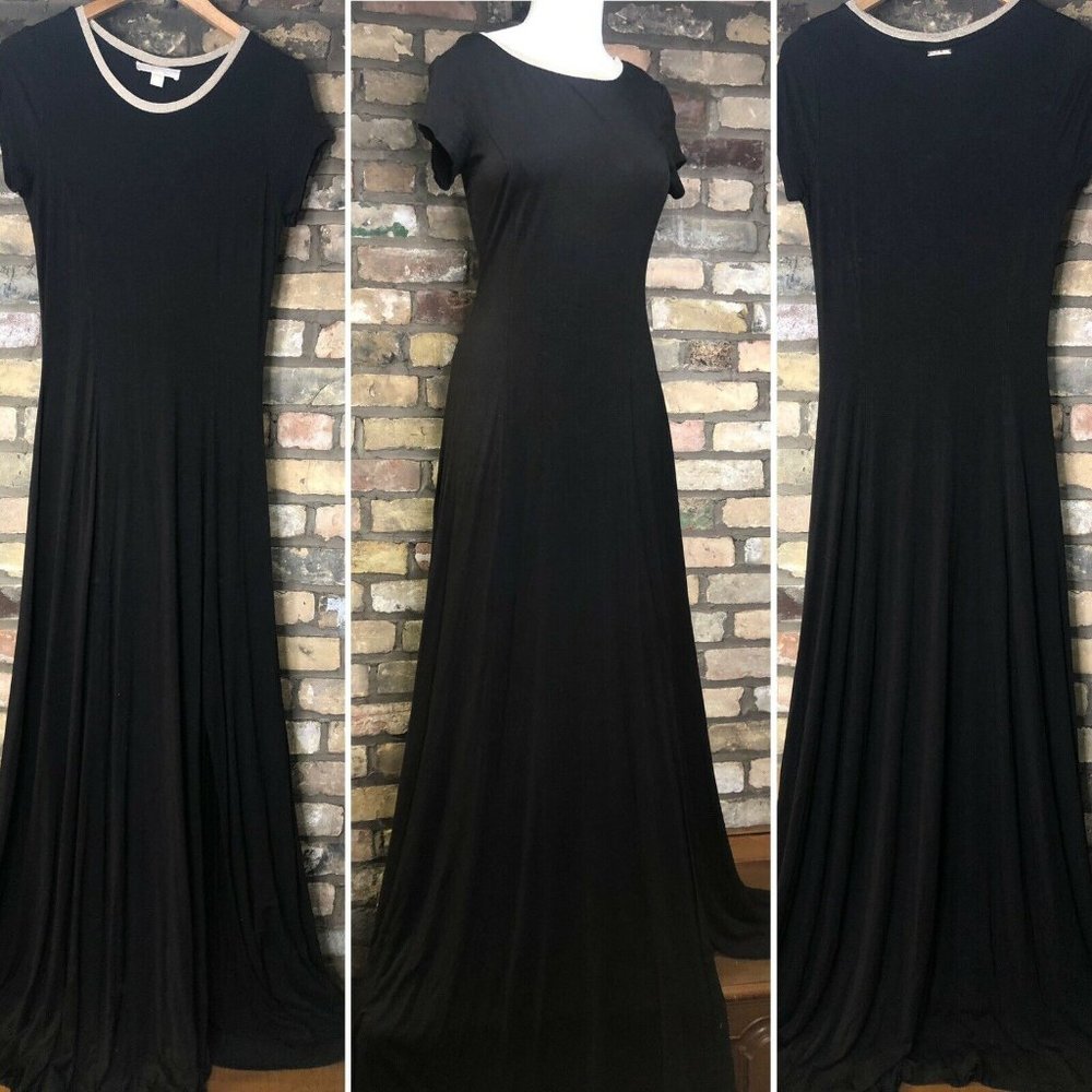 MICHAEL KORS Maxi Dress Black M Viscose Long Gold Neck Trim Front Slit Stretchy